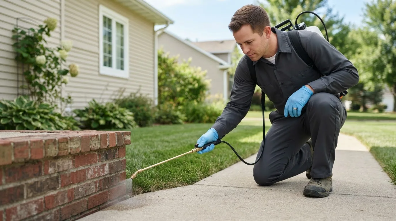 Pest control technician treating a home near Clearbrook, MN
